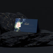 シックな開花 |ダークネイビーブルーと赤面ピンクフローラ プレイスカード