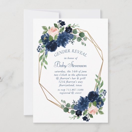 シックな開花 |ネイビーと赤面ピンクジェンダーの表示 招待状 (正面)