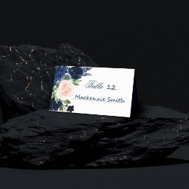 シックな開花 |ネイビーブルーと赤面ピンクフローラ プレイスカード