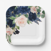 シックな開花 |ネイビーブルーと赤面ピンクフローラ ペーパープレート (正面)