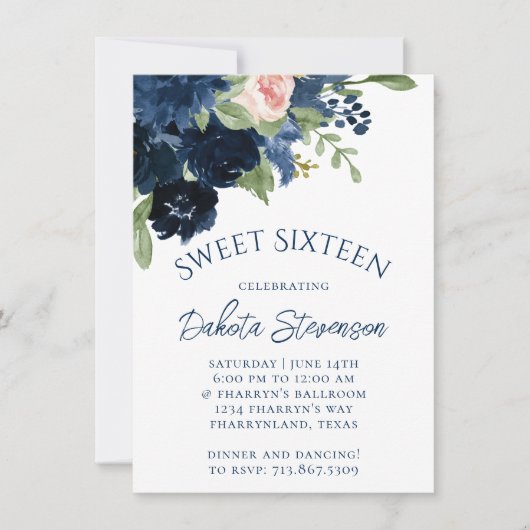 シックな開花 |ネイビーブルーと赤面ピンクローズフローラ 招待状 (正面)