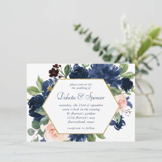 シックな開花 |ネイビーブルーと赤面ピンク金ゴールドフレーム 招待状 (スタンド正面)