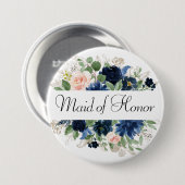 シックな開花 |ネイビーブルーと赤面ブライダルパーティ 缶バッジ (正面&裏面)