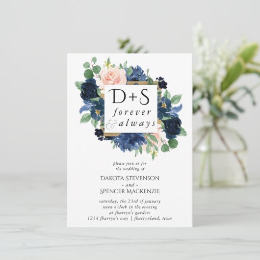 シックな開花 |ネイビーブルーと赤面モノグラム写真 招待状 (スタンド正面)