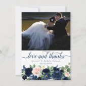 シックな開花 |ネイビーブルー赤面ピンクの写真の愛と サンキューカード (正面)