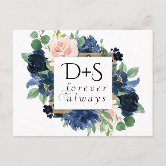 シックな開花 |ロマンチックなネイビーブルーと赤面結婚ズ 案内ポストカード (正面)