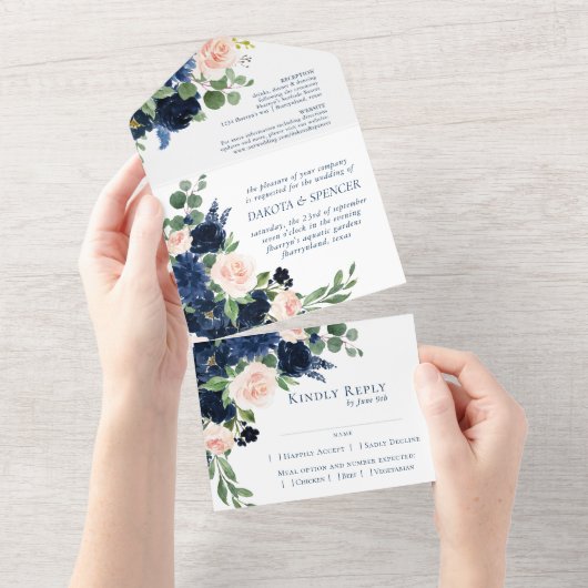 シックな開花 | Romantic Navy Blueと赤面Entree オールインワン招待状 (貼ってはがせる)
