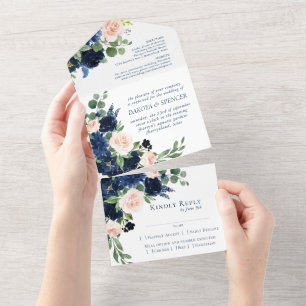 シックな開花   Romantic Navy Blueと赤面Entree オールインワン招待状