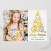シックな雪のクリスマスツリーファミリーフォト金ゴールド 箔シーズンカード (正面)