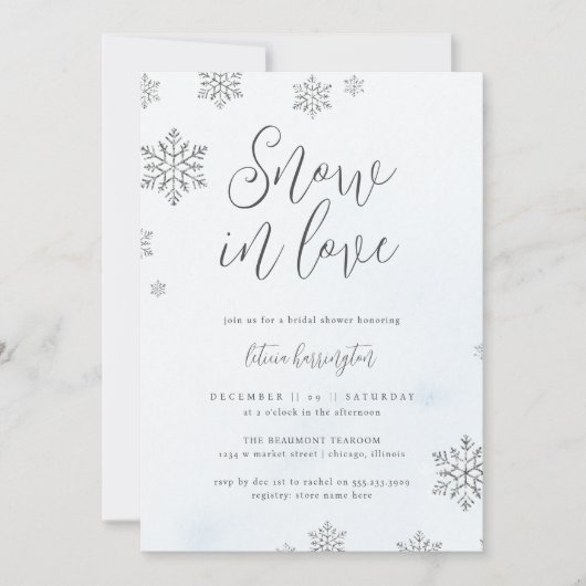 シックな雪の上に雪のラブウィンターブライダルシャワー 招待状 (正面)