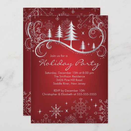 シックな雪片のクリスマスツリーの休日のパーティ 招待状 (正面/裏面)