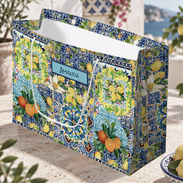 シックな青いターコイズ シチリアの柑橘類の花のタイル ラージペーパーバッグ