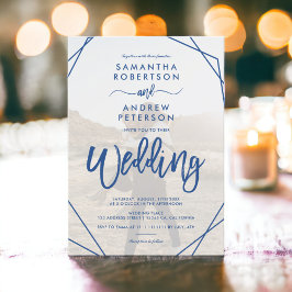 シックな青いボホシンプルフレームのフォトスクリプ結婚ト 招待状