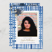 シックな青い格子花と花卒業写真 案内状 (正面/裏面)