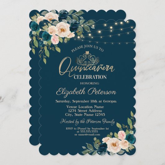 シックな青い花の文字列ライトキンセアニラ 招待状 (正面/裏面)