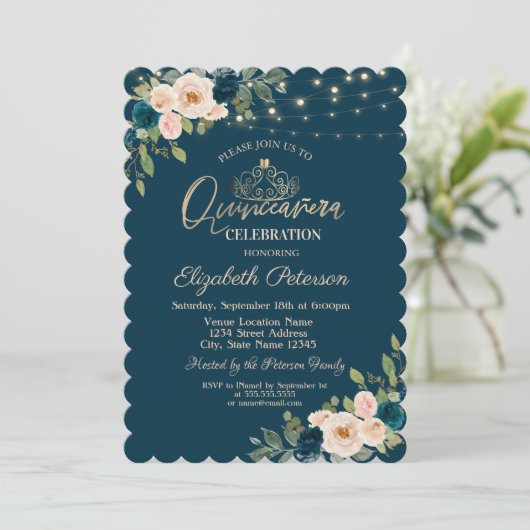 シックな青い花の文字列ライトキンセアニラ 招待状 (スタンド正面)