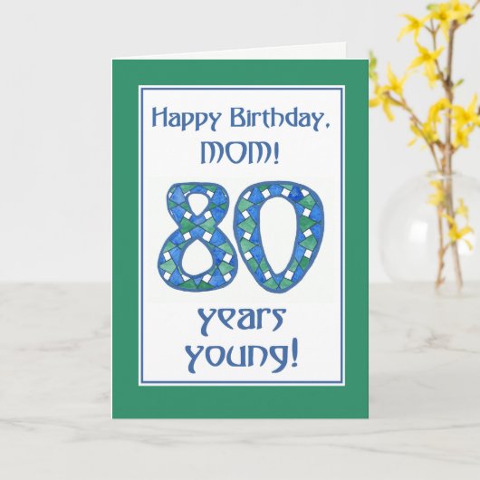 シックな青い、緑、お母さんのための白の第80誕生日 カード (黄色い花)