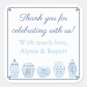 シックな青と白のジンジャージャーの瓶ありがとう スクエアシール (正面)