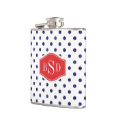 シックな青と白の水玉模様パターンのモノグラム フラスク (左)