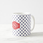 シックな青と白の水玉模様パターンのモノグラム マグカップ (正面右)