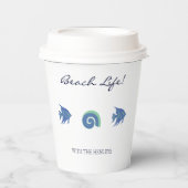 シックな青と白の魚とシェルビーチハウス 紙コップ (正面)