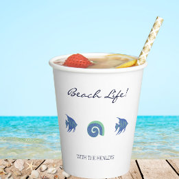 シックな青と白の魚とシェルビーチハウス 紙コップ
