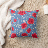 シックな青と赤の水の色のフローラルパターン クッション (ブランケット)