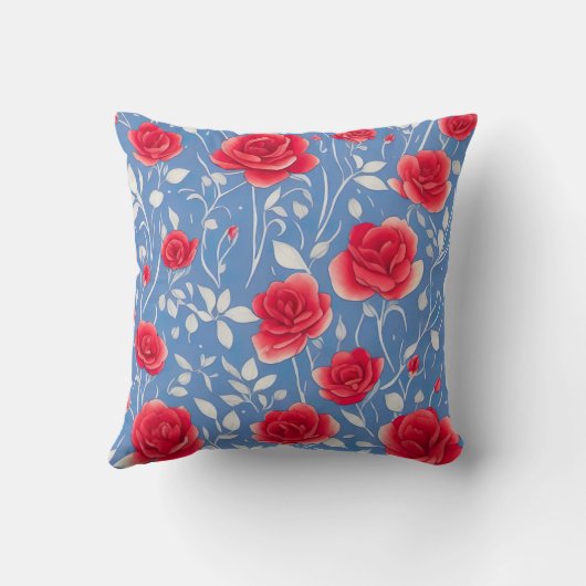 シックな青と赤の水の色のフローラルパターン クッション (裏面)