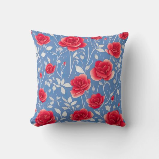 シックな青と赤の水の色のフローラルパターン クッション (正面)