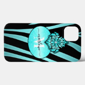 シックな青と黒のゼブラストライプ名モノグラム Case-Mate iPhoneケース (裏面 (横))