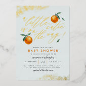 シックな青の小さなかわいこちゃんオレンジ色の赤ちゃんシャワー 箔招待状 (正面)