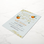 シックな青の小さなかわいこちゃんオレンジ色の赤ちゃんシャワー 箔招待状 (回転した状態)