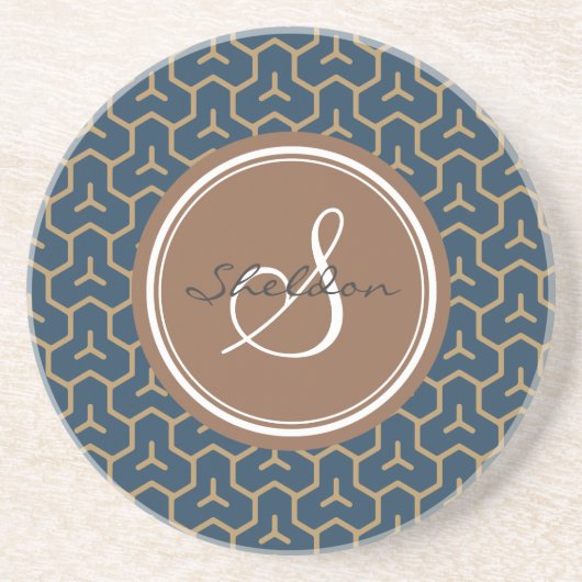 シックな青の抽象芸術幾何学的なパターンモノグラム コースター (正面)