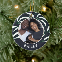 シックな青の植物犬の写真と名前クリスマス