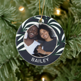 シックな青の植物犬の写真と名前クリスマス セラミックオーナメント