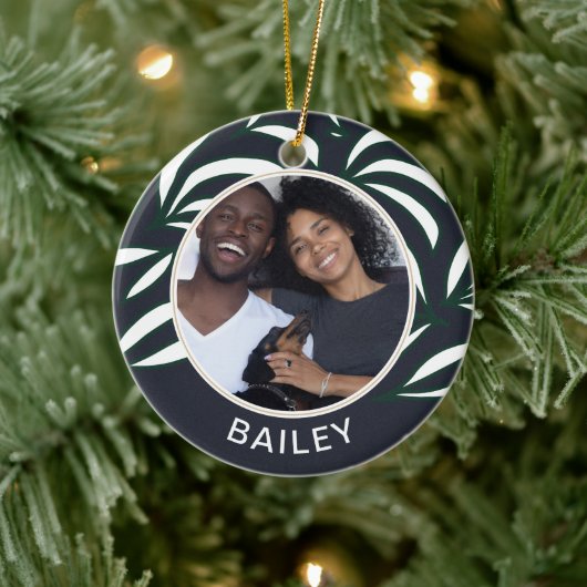 シックな青の植物犬の写真と名前クリスマス セラミックオーナメント (ツリー)