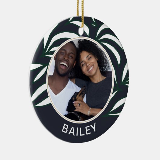 シックな青の植物犬の写真と名前クリスマス セラミックオーナメント (右)