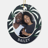 シックな青の植物犬の写真と名前クリスマス セラミックオーナメント (左)