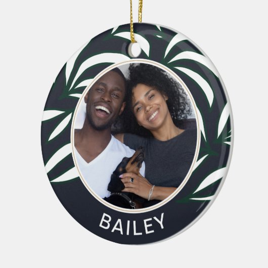 シックな青の植物犬の写真と名前クリスマス セラミックオーナメント (左)