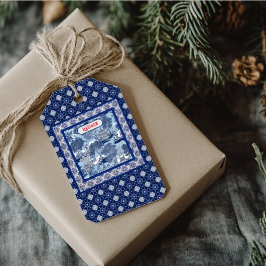 シックな青の白いウィローchinoiserie toileモノグラム ギフトタグ