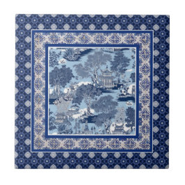 シックな青の白いウィローchinoiserie toileモノグラム タイル