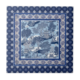 シックな青の白いウィローchinoiserie toileモノグラム タイル