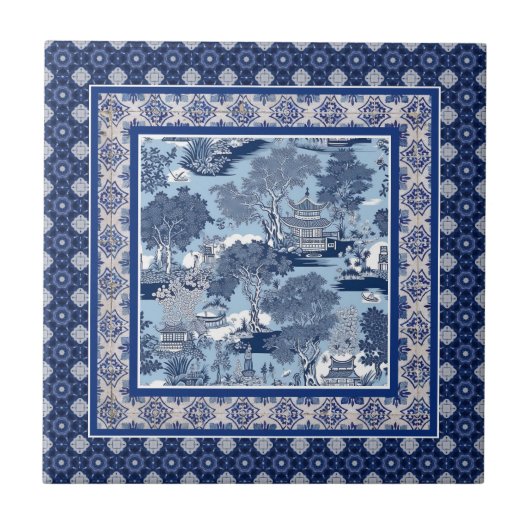 シックな青の白いウィローchinoiserie toileモノグラム タイル (正面)