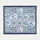 シックな青の白いカントリーシーンtoile de jouy フリースブランケット (正面(横))