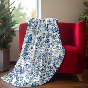 シックな青の白いカントリーシーンtoile de jouy フリースブランケット