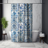 シックな青の白いトワール・ド・ジョイ人形と花 シャワーカーテン