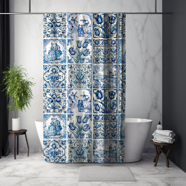 シックな青の白いトワール・ド・ジョイ人形と花 シャワーカーテン