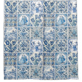 シックな青の白いトワール・ド・ジョイ人形と花 シャワーカーテン (正面)