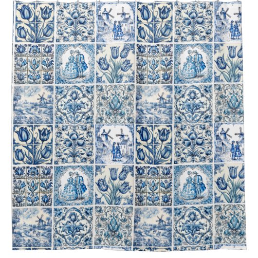 シックな青の白いトワール・ド・ジョイ人形と花 シャワーカーテン (正面)