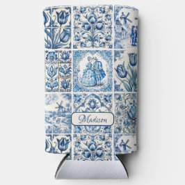 シックな青の白いトワール・ド・ジョイ人形と花 スリム缶クーラー